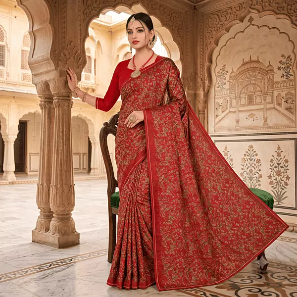 Traditional Deep Red Saree with Golden Floral Motifs for Festive Wear