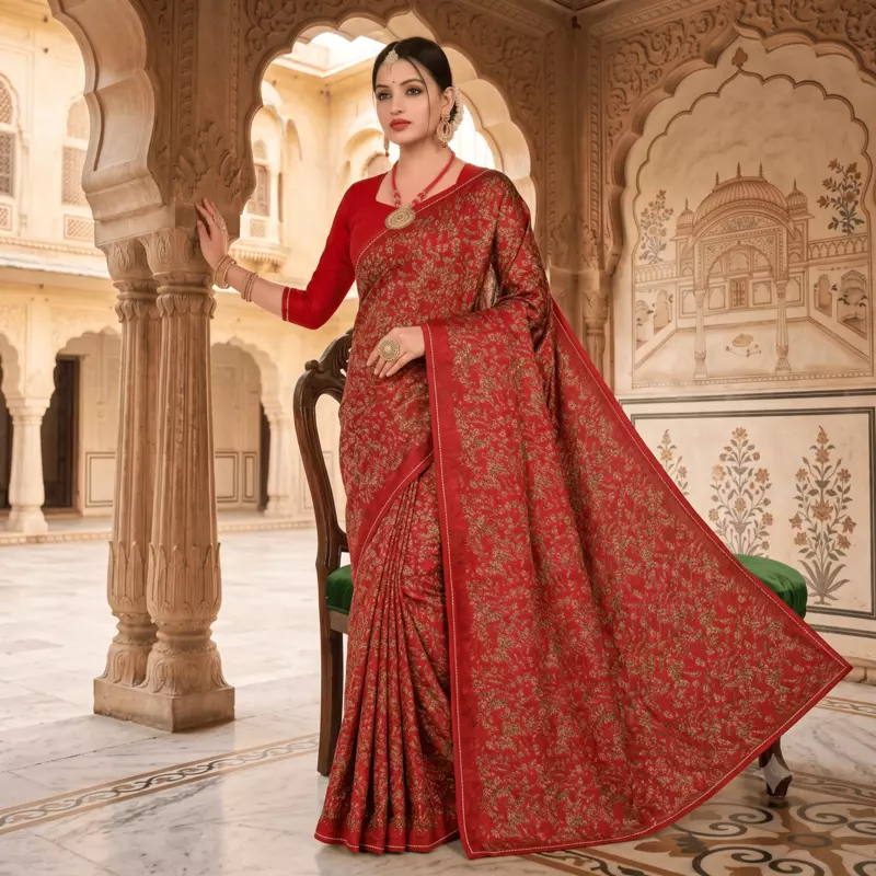 Traditional Deep Red Saree with Golden Floral Motifs for Festive Wear