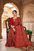 Traditional Deep Red Saree with Golden Floral Motifs for Festive Wear