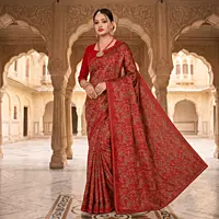 Traditional Deep Red Saree with Golden Floral Motifs for Festive Wear